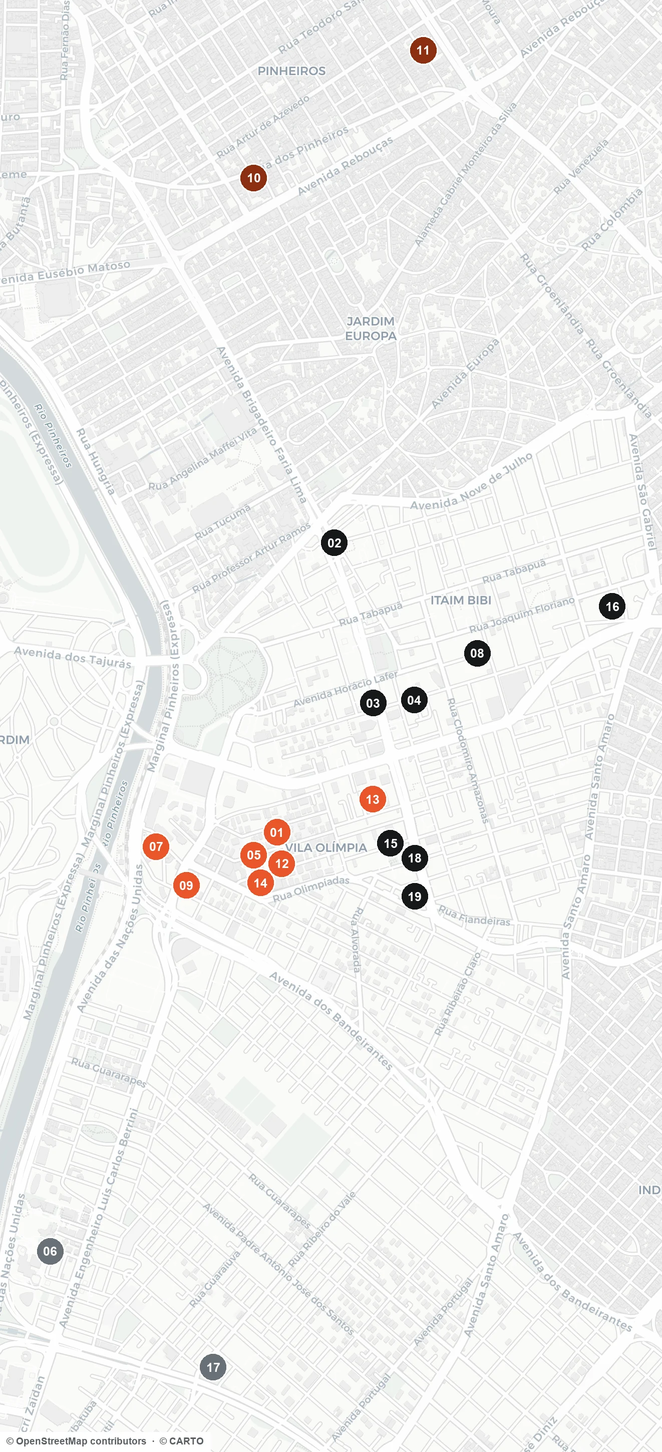Mapa de Sao Paulo com os 19 imoveis numerados, de Pinheiros ao Brooklin